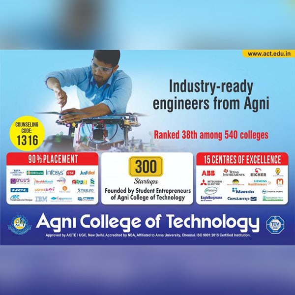 Industry Ready Engineers From Agni Ranked 38th Among 540 Colleges