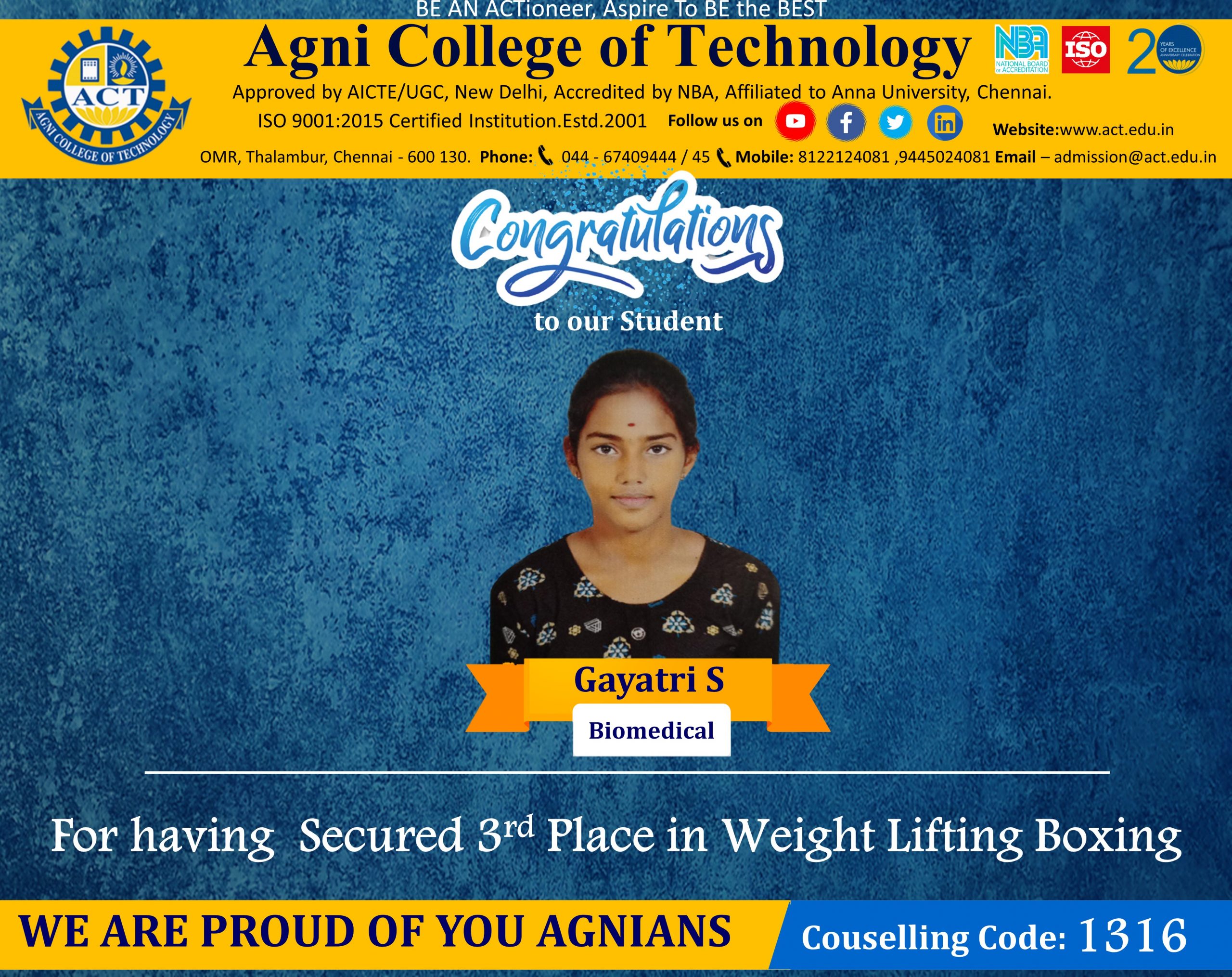 Student from ACT Won Third Prize in Tamilnadu State Level Lifting Championship
