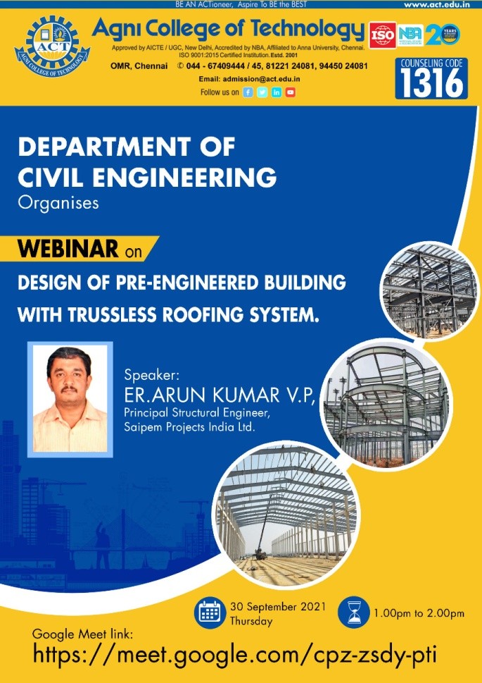 Webinar on ‘Design of Pre-Engineered Building with Trussless roofing system’
