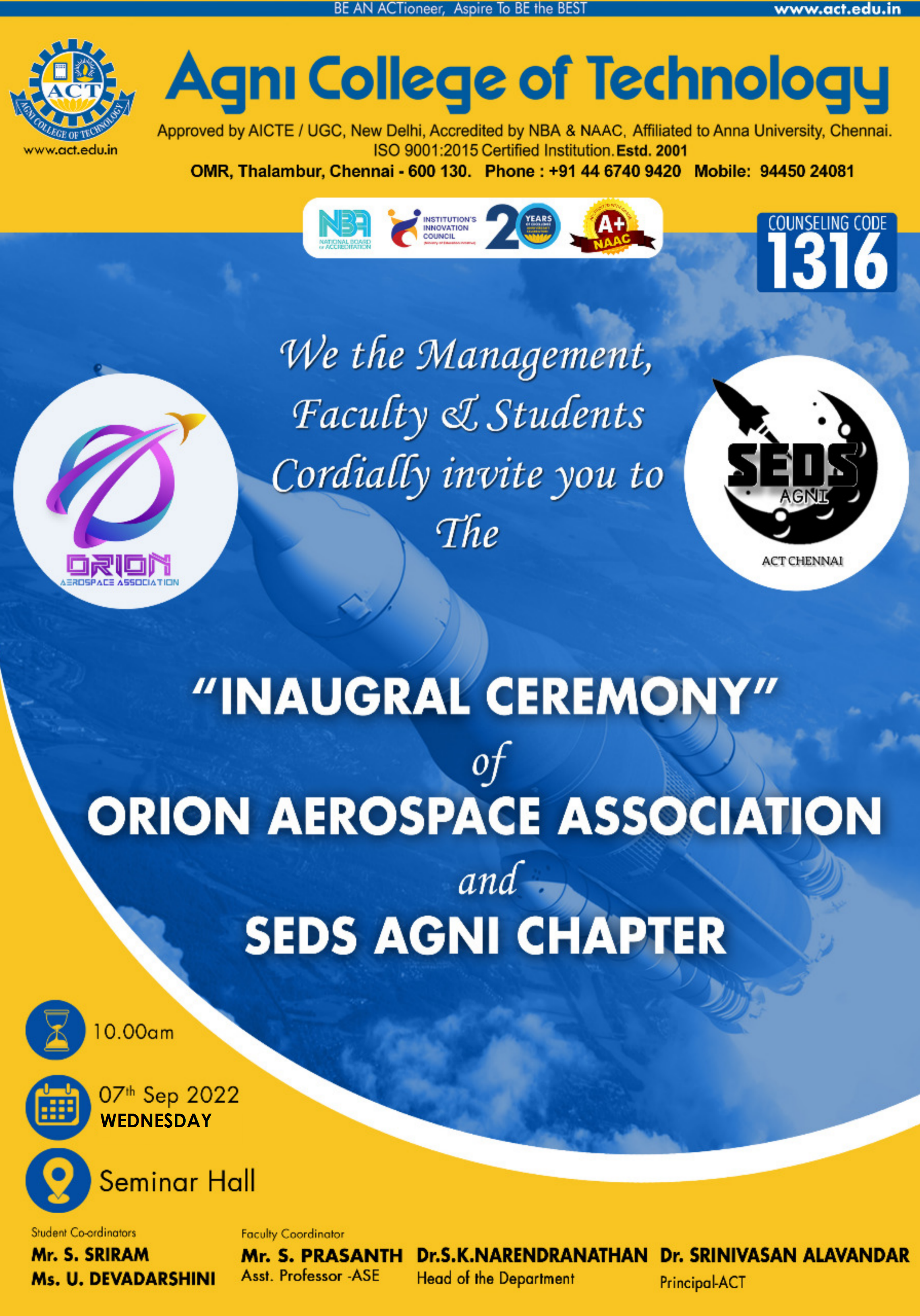 Inaugural Ceremony of Orion Aerospace Association and SEDS Agni Chapter