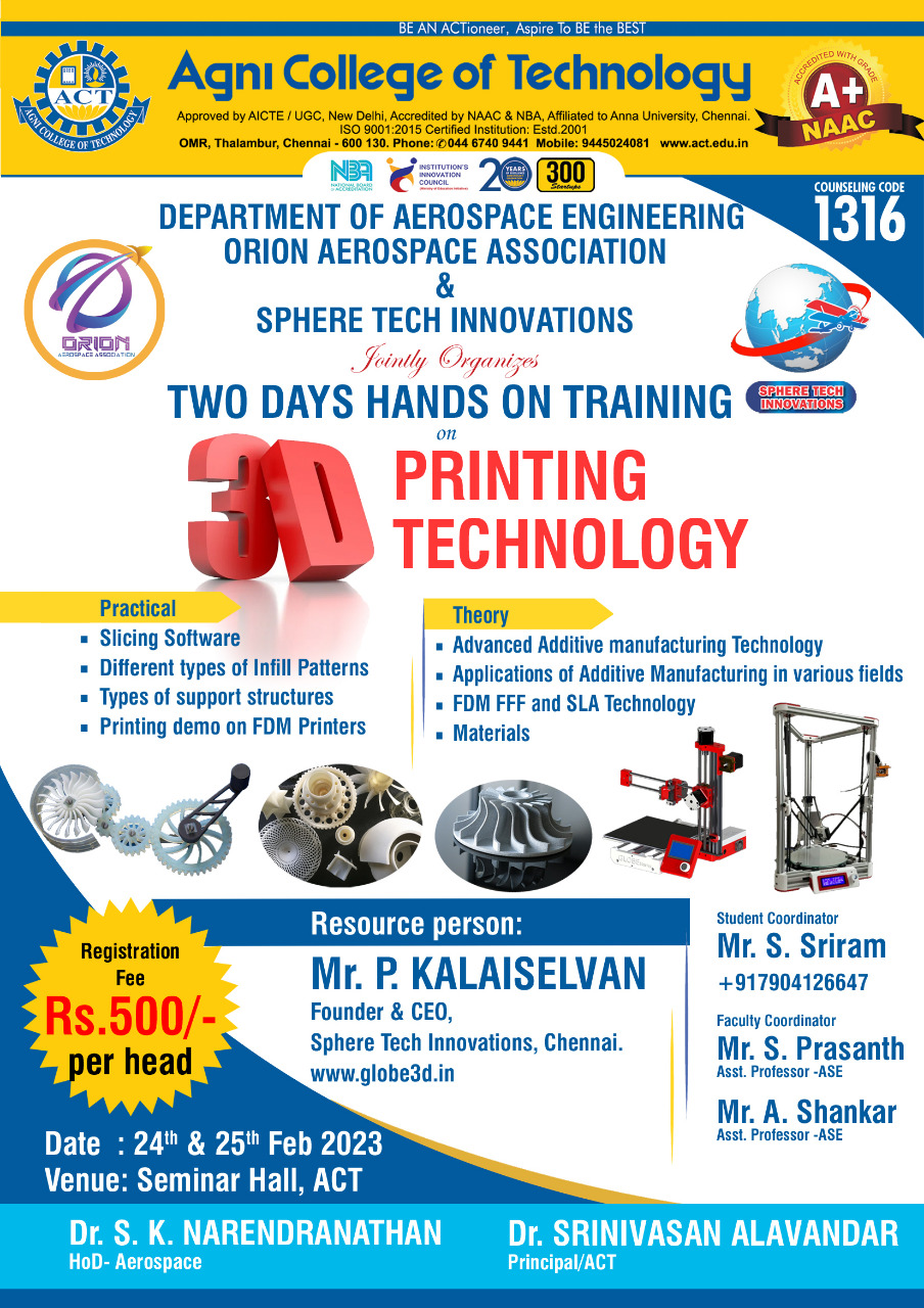 Two Days hands on Training on 3D Printing Technology
