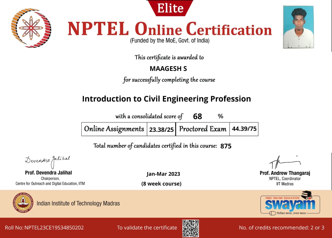 Maagesh S Received Elite Certificate from NPTEL