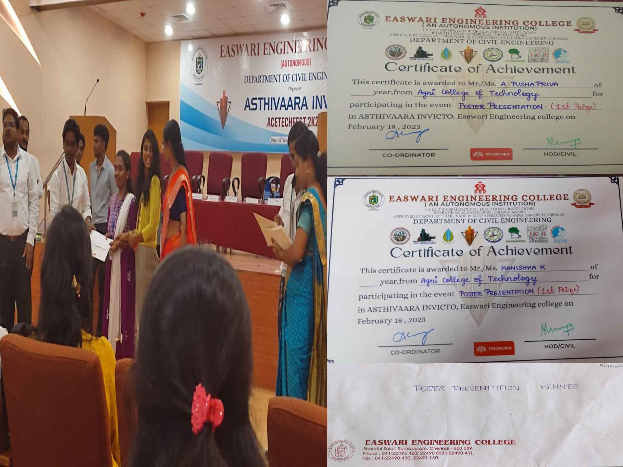 Students secured First Prize in Poster Presentation with the Cash Prize of Rs.1000