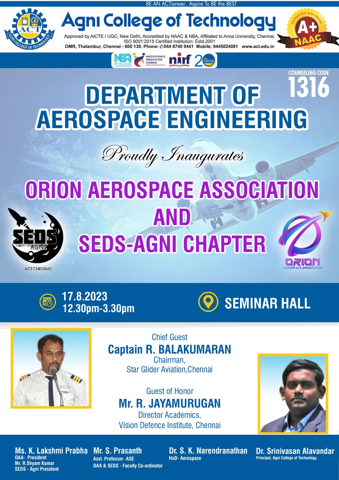 Inauguration of Orion Aerospace Association and SEDS-AGNI Chapter