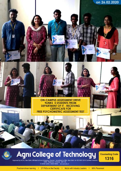 On Campus Drive Assessment Drive 9LINKS – 5 Students From IT Department of IT Receiving Certificate for Free PSYCHOMETRIC Assessment Test