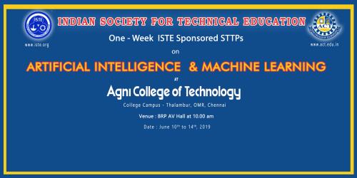 One-Week ISTE Sponsored STTPS on Artificial Intelligence & Machine Learning on 10th June, 2019