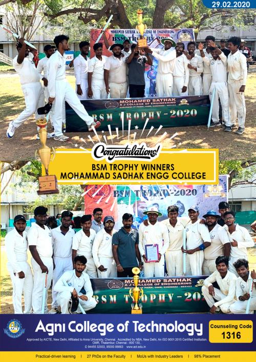 Agni Cricket Team Won the BSM Trophy at Mohammad Sadhak Engineering College on 29.02.2020
