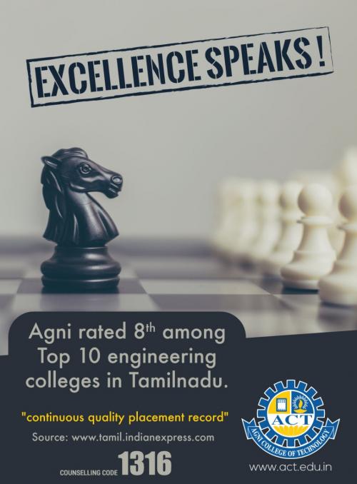 Agni College of Technology Placed 8th Rank in Tamilnadu Top 10 Engineering Colleges Based On Placement Orders For Students