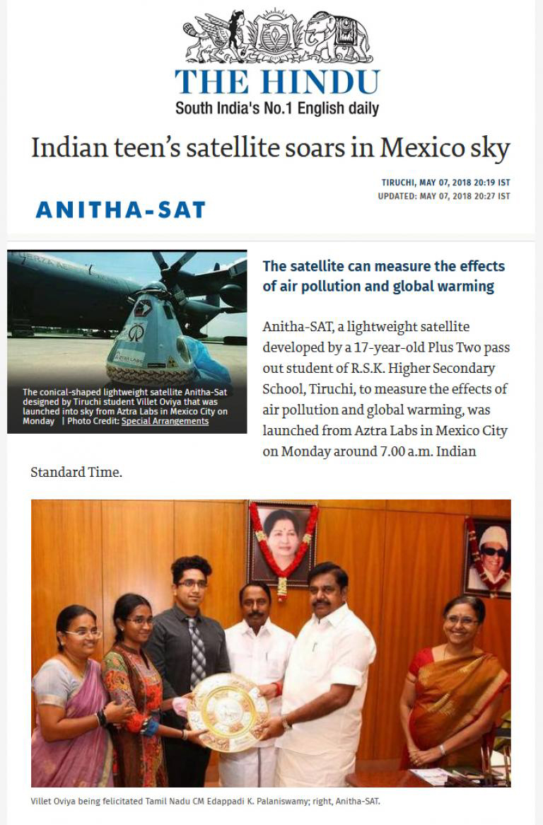 Article on The Hindu about ANITHA SAT. Indian teenâ€™s satellite soars in Mexico sky!!